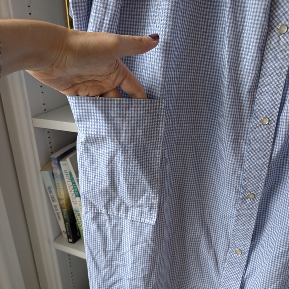 Vintage Nightgown Maxi Blue Gingham Flowers Embroidered Snap Buttondown Medium - Picture 5 of 10